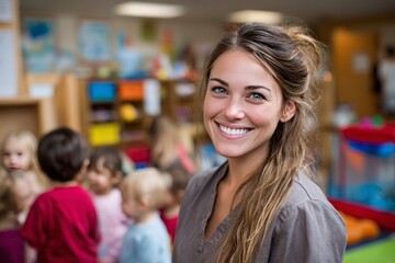young female childcare worker smiling into the camera in a daycare environment, children playing in the background, cozy and colorful setting, warm lighting, casual professional outfit