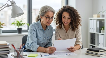 Obraz premium Two business women reviewing documents together in modern office environment. Senior and junior colleagues collaborating on paperwork analysis. Professional teamwork and mentorship concept