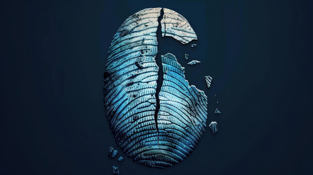 Fragmented fingerprint graphic with digital aesthetic, showcasing unique design that symbolizes identity and security. blue tones and texture evoke sense of technology and innovation