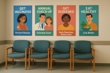 Four posters promoting preventive healthcare measures hanging on a wall in a waiting room with empty chairs