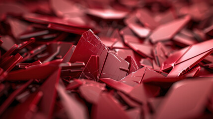 Geometric red shards layered abstract composition create striking visual effect, evoking sense of depth and complexity. sharp angles and glossy surfaces reflect light beautifully, enhancing