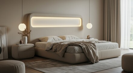 Luxury Bedroom: A meticulously designed bedroom, showcasing a modern bed with elegant headboard, paired with stylish bedside tables, creating a serene sanctuary. 