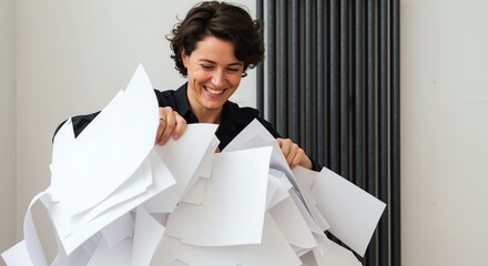 Woman with papers scattered around looking frustrated and overwhelmed by paperwork mess. Female surrounded by documents expressing stress from administrative burden. Work overload concept