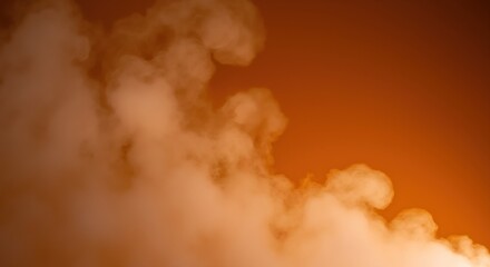 Naklejka premium Dramatic orange smoke clouds billowing against dark sky creating atmospheric weather phenomenon. Dense vapor formations with intense color saturation. Natural disaster and climate concept