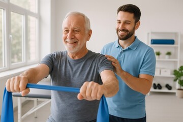 Smiling senior man using resistance band during rehabilitation session with physiotherapist assisting him in medical office