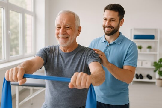 Smiling senior man using resistance band during rehabilitation session with physiotherapist assisting him in medical office