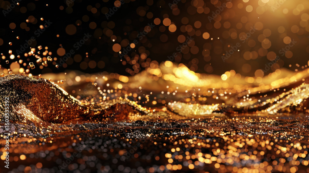 Poster glittering waves in soft gold tones create mesmerizing background filled with sparkling droplets and