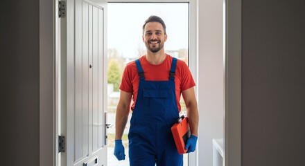 Smiling caucasian repairman blue overalls red toolbox entering home doorway. Professional handyman maintenance worker house service visit. Home repair construction concept