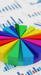 Colorful pie chart segments on financial report, showcasing data analysis and business growth visualization, ideal for presentation or infographic