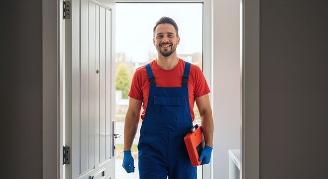 Smiling caucasian repairman blue overalls red toolbox entering home doorway. Professional handyman maintenance worker house service visit. Home repair construction concept - Powered by Adobe