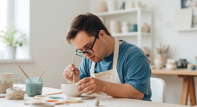 Asian man painting ceramic pottery wheel studio concentrated focused creative process. Artist craftsman working clay art handmade traditional craft. Artistic hobby concept