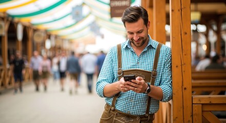 Man in blue checkered bavarian shirt using smartphone at oktoberfest festival with decorative banners. Happy male texting while wearing traditional lederhosen. Digital communication concept
