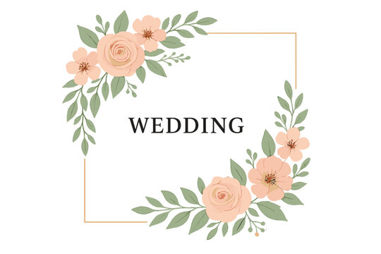 Elegant floral wedding invitation frame. Beautiful watercolor roses and leaves decoration for card design. Romantic spring flower border illustration for save the date template. - Powered by Adobe