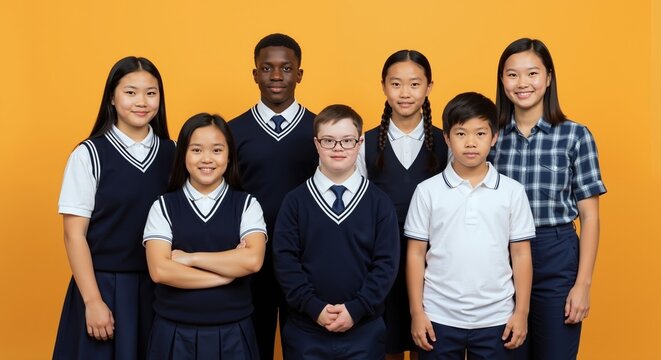 Diverse group of asian students with down syndrome boy posing together in school uniforms on orange background. Multi ethnic children celebrating educational inclusion. School diversity concept
