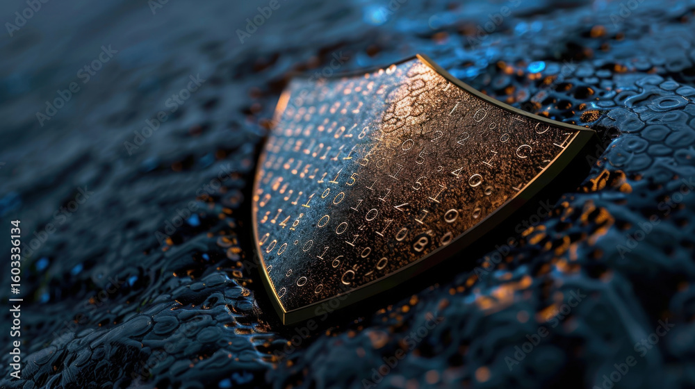 Poster glowing digital shield symbol with binary code background, representing cybersecurity and protection