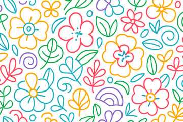 Colorful floral seamless pattern. Abstract doodle flowers and leaves in a modern line art style. Creative continuous background for textile, fabric design, or wrapping paper.