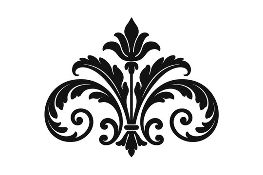 Vintage damask ornamental element. Baroque floral scroll filigree design. Ornate classic retro motif for wedding invitation, frame border or luxury pattern. Vector art.