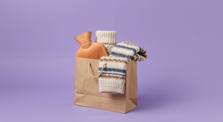 Orange hot water bottle with knitted striped sweater in brown paper shopping bag on purple background. Winter warming accessories packaged for gift giving. Seasonal comfort concept