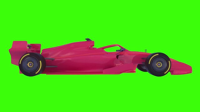 Red Formula One Race Car Side View on Green Chroma Key Background