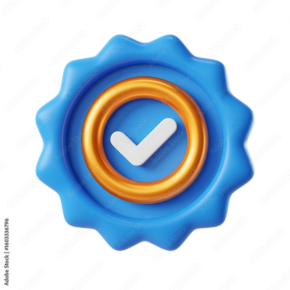 Fototapete a 3d blue and gold badge with a checkmark representing quality and approval in a modern design isola