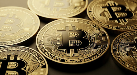 Close-up of golden Bitcoin cryptocurrency coins, showcasing intricate details and the Bitcoin symbol. Represents digital currency, finance, and blockchain technology