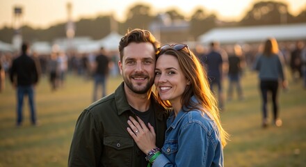 Happy couple embracing at outdoor music festival with crowd and golden sunset lighting. Man and woman showing love and affection during evening event. Romance and celebration concept