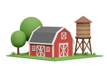 Isolated Cartoon Red Barn with Water Tower and Trees