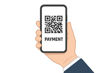 Hand Holding Smartphone Displaying QR Code for Mobile Digital Payment, Contactless Transaction, Online Shopping, Secure Electronic Financial Technology, Vector Illustration, White Background