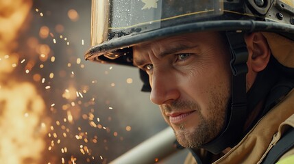 Caucasian firefighter helmet protective gear sparks flames emergency rescue service operation. Professional first responder safety equipment fire background heroic brave. Fire rescue concept