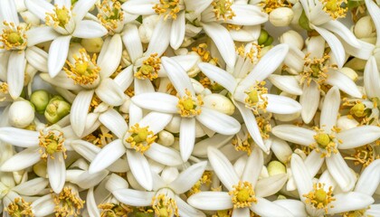 Fototapeta premium Abundance of White Citrus Flowers with Yellow Centers in a Floral Arrangement