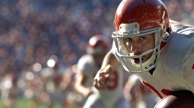 American football player red helmet focused concentration stadium crowd background. Male athlete intense determination sports competition game preparation tackle. Sports competition concept