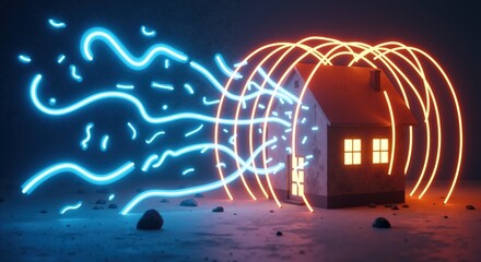 Abstract neon light house winter storm protection energy concept blue orange illumination. Futuristic home security system cold weather shelter technological innovation visualization