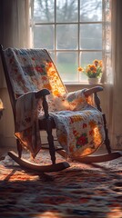 Cozy antique rocking chair with a floral quilt and sunlight filtering through a window