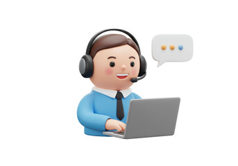Isolated Cartoon Customer Support Agent Working on Laptop