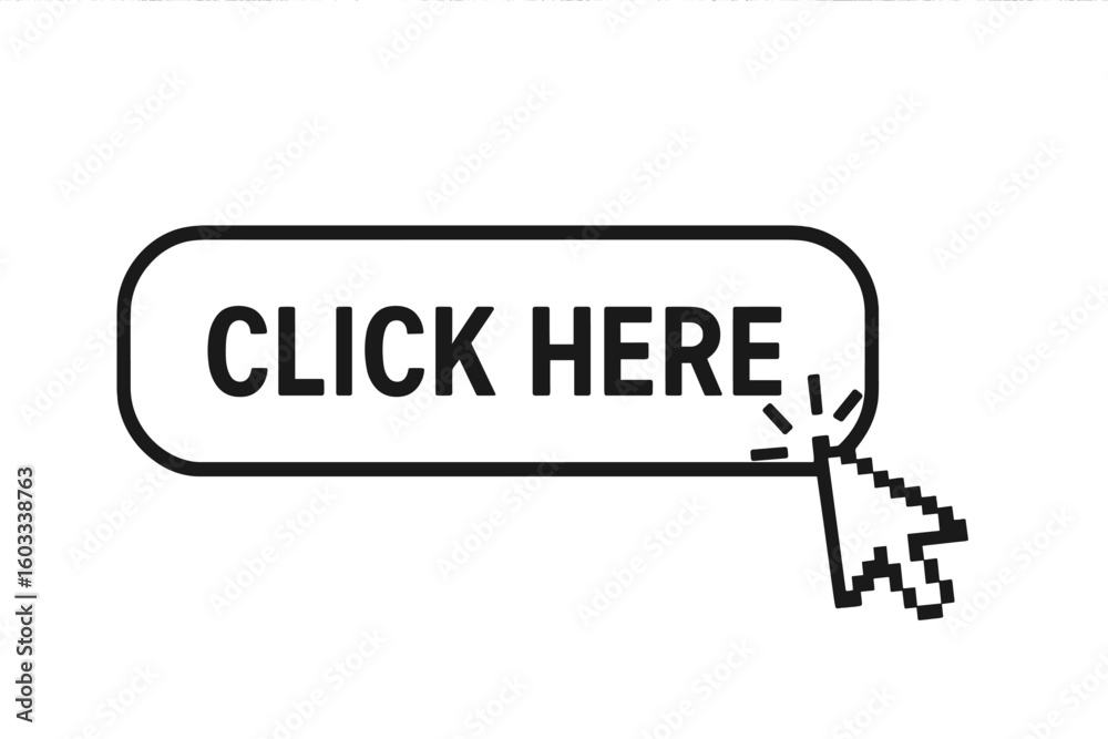 Fototapete Click here web button with computer mouse cursor arrow. Call to action concept for website navigation. User interface design element. Promotion symbol for internet interaction.