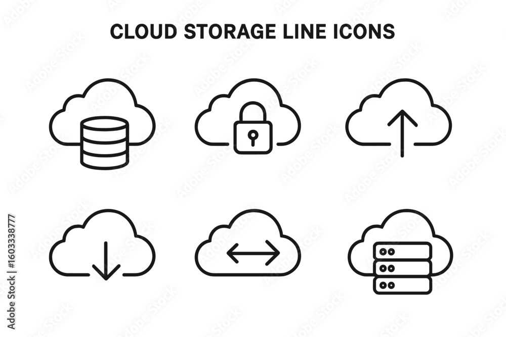 Poster cloud storage web icons. digital database, information storage, data protection, file transmission a