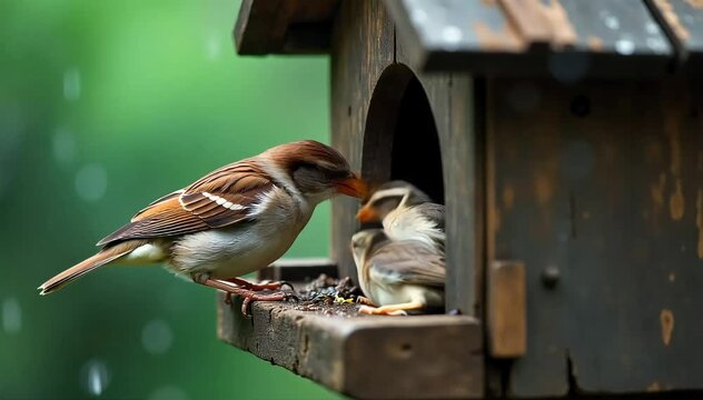 Sparrow feeding its fledglings