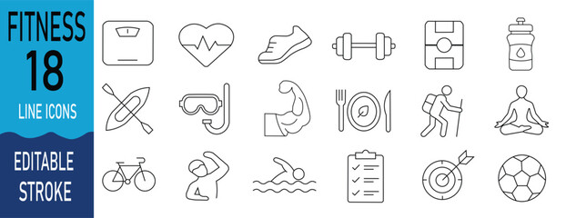 Fitness Vector Icon Set, Thin Line, Exercise, Training, Wellness, Editable Stroke