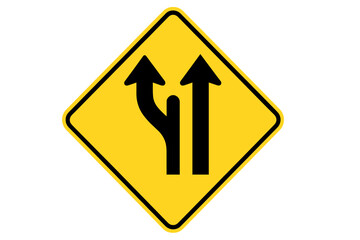 Divided highway begins road sign vector illustration. Traffic warning symbol for road safety, median starts ahead icon. Traffic lane changes symbol on a transparent background.