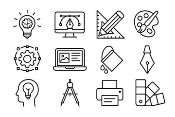 Creative process and graphic design line icons. Vector icon set for art, web design, digital drawing, and innovation. Thin line symbols of creativity, idea and designer tools.