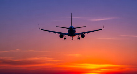 Obraz premium Silhouette of airplane landing against vibrant sunset sky, showcasing travel, journey, and arrival concepts