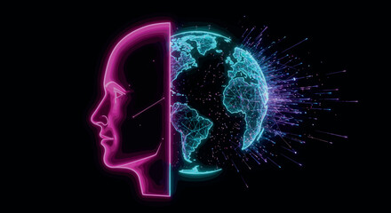 Obraz premium Neon fusion of human profile and digital world