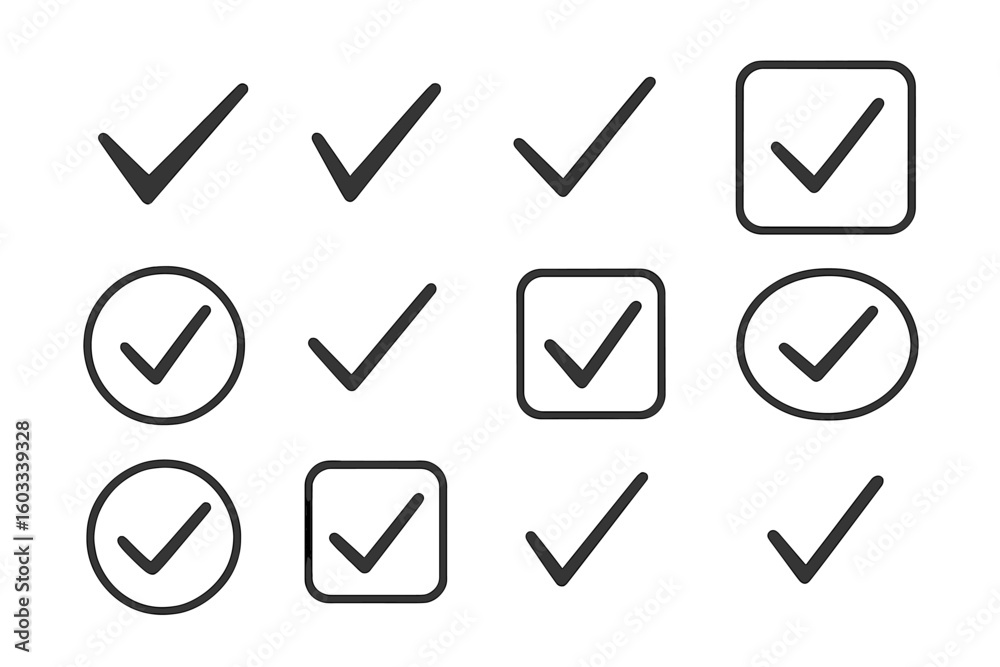 Poster black checkmark collection. simple check mark icon set. tick symbol for approved, yes, correct answe