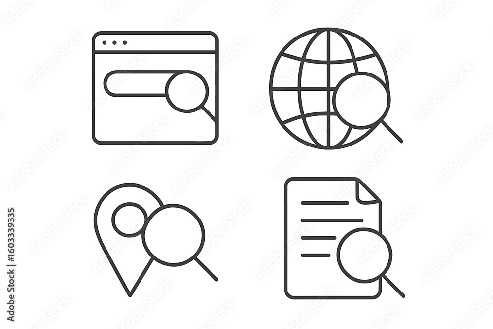 Poster search icon set. line art symbols for web browser, global internet, document analysis, and location 
