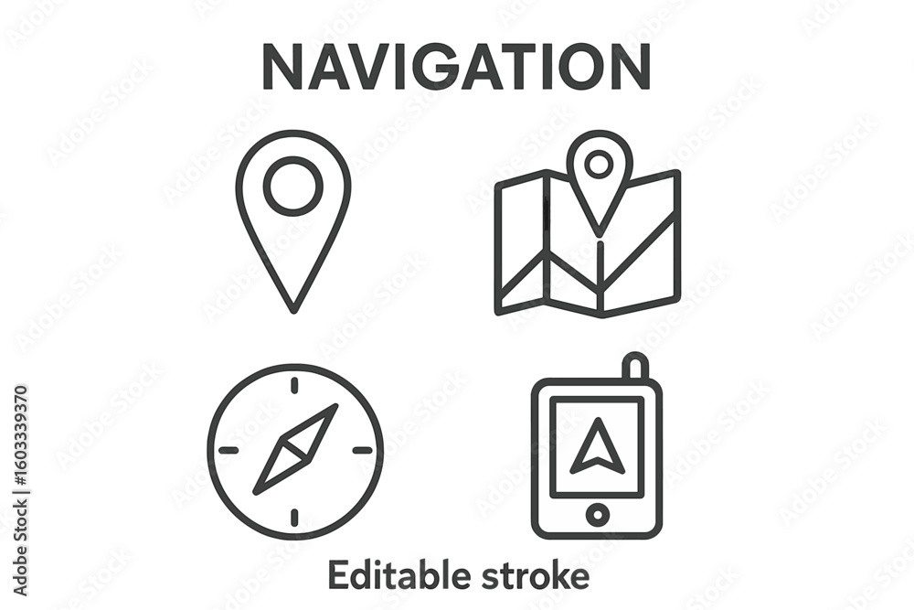 Poster navigation line icon set. gps navigator, map with pin, location pointer, and compass direction symbo
