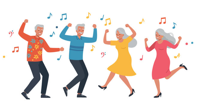 Elderly people dancing joyfully to music with vibrant colors and dance moves
