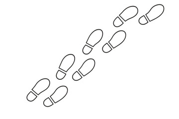 Human footprints trail vector illustration. Shoe prints path in a flat linear design. Steps silhouette for concepts of walking, journey, or direction. Isolated black contour marks.