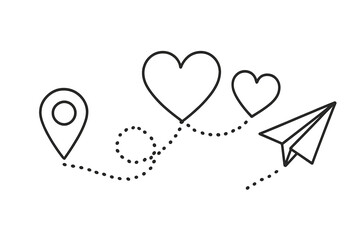 Paper airplane flight path with a heart shaped dotted line. Romantic trip or love journey concept. Geolocation pin icon showing the start of the travel route.