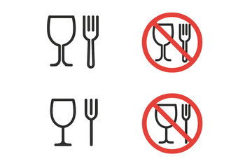 Food safe icons with wine glass and fork symbol. Food grade material vector illustration. Symbol for products safe and non-safe for use with food. Packaging label.