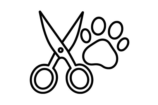 Pet grooming icon with scissors and paw print. Dog and cat beauty salon logo concept. Animal care and hygiene symbol. Veterinary or pet shop sign for web and mobile apps.
